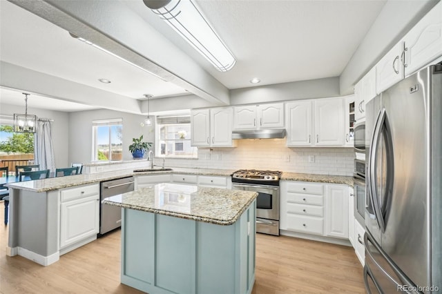 6565 W 99th Ave, Broomfield, CO 80021 - kitchen with appliances with stainless steel finishes, a sink, a peninsula, decorative backsplash, and under cabinet range hood
