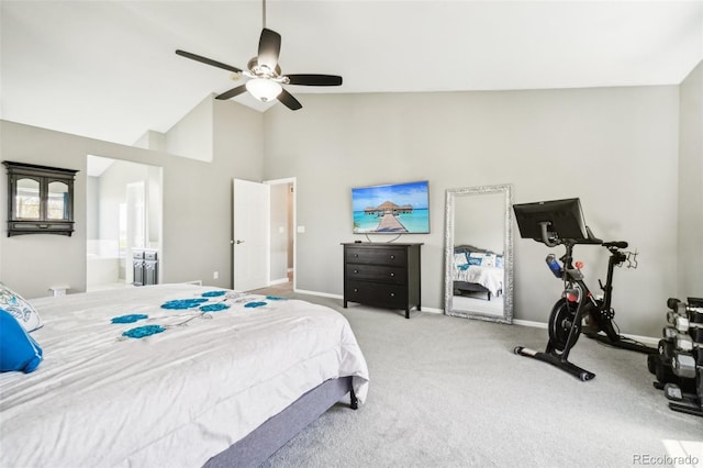 6565 W 99th Ave, Broomfield, CO 80021 - bedroom with a ceiling fan, baseboards, high vaulted ceiling, connected bathroom, and carpet flooring