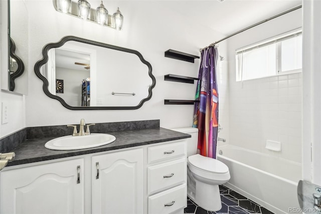 6565 W 99th Ave, Broomfield, CO 80021 - full bathroom with vanity, shower / bathtub combination with curtain, tile patterned floors, and toilet