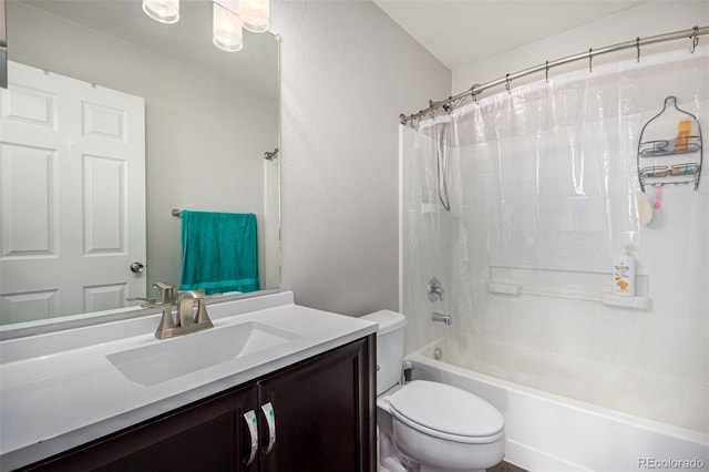 full bathroom with vanity, toilet, and shower / bathtub combination with curtain