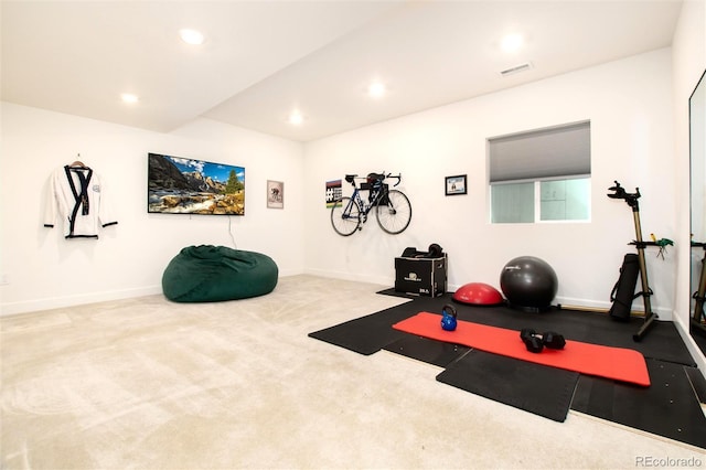 exercise area featuring carpet floors