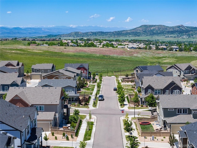 drone / aerial view featuring a mountain view