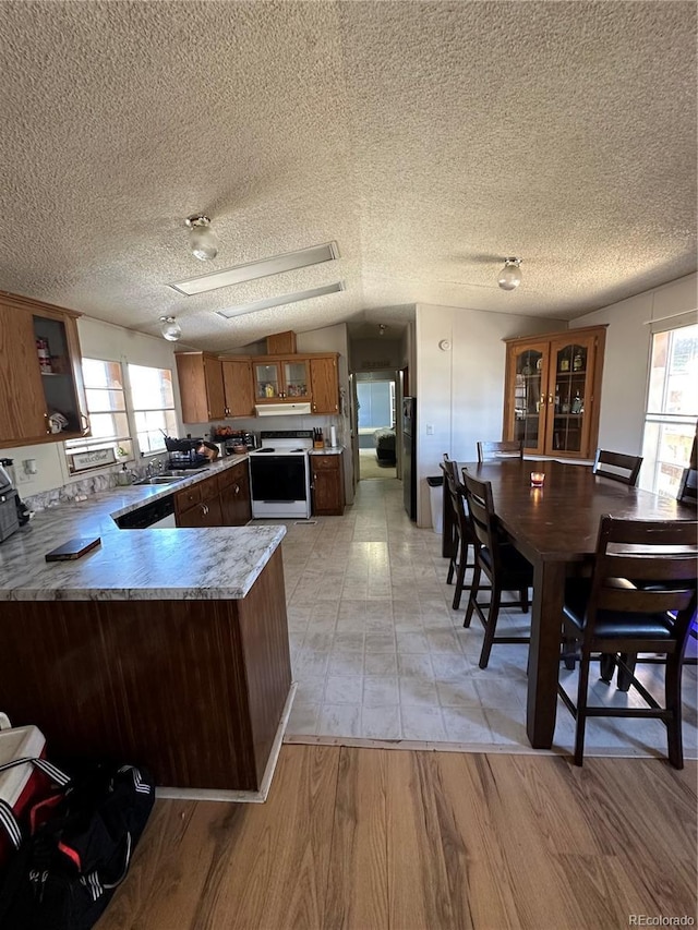 kitchen with white range with electric stovetop, kitchen peninsula, a wealth of natural light, and light hardwood / wood-style flooring