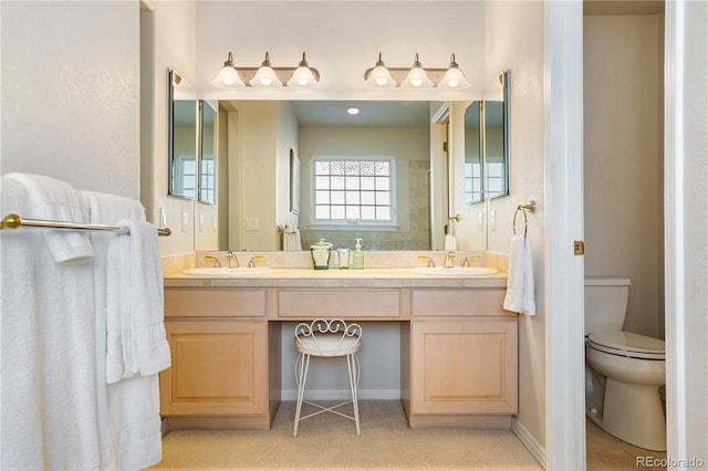 bathroom with vanity, walk in shower, and toilet