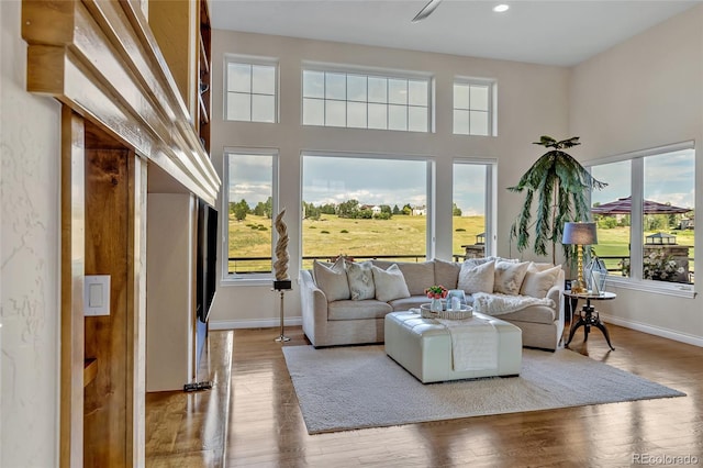 living room with a towering ceiling, wood-type flooring, and a healthy amount of sunlight