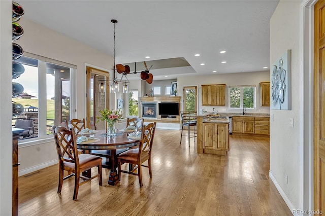 dining area with sink and light wood-type flooring