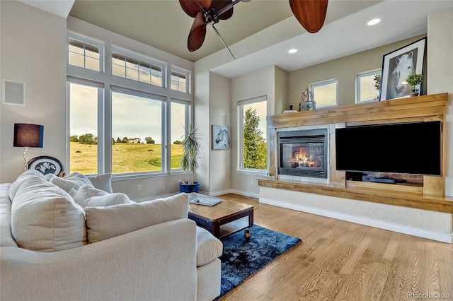 living room with ceiling fan and hardwood / wood-style floors