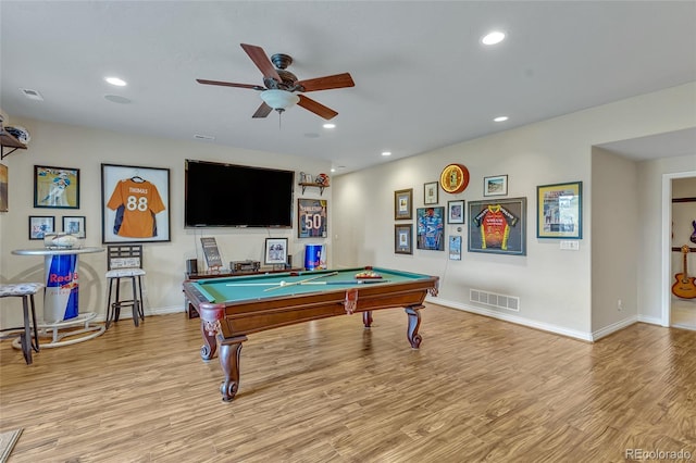 game room featuring ceiling fan, light wood-type flooring, and billiards