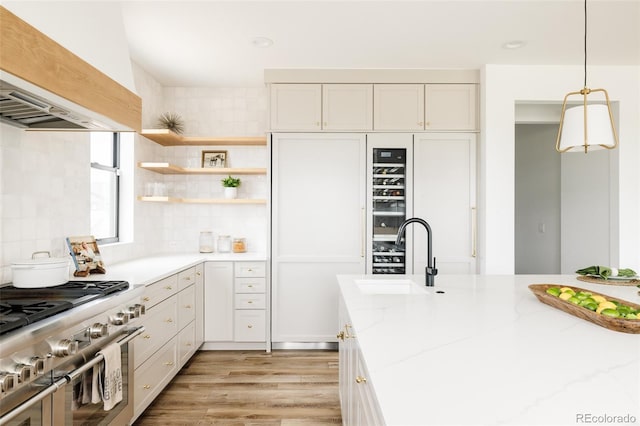17252 Rose Mallow Ave, Parker, CO 80134 - kitchen with a sink, light wood finished floors, white cabinetry, custom range hood, and range with two ovens