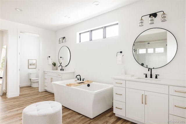 17252 Rose Mallow Ave, Parker, CO 80134 - full bathroom with two vanities, a soaking tub, toilet, a sink, and wood finished floors
