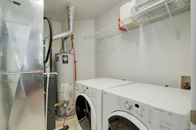 laundry area with washer and clothes dryer, heating unit, and gas water heater