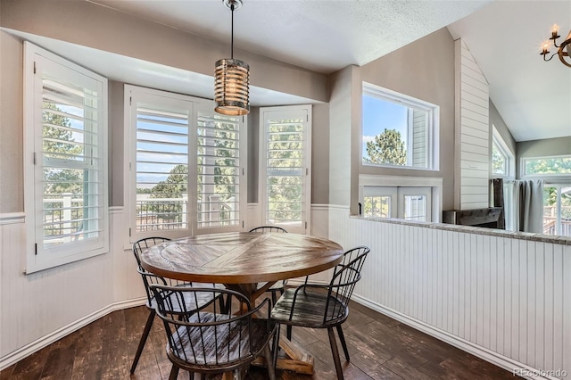 9385 Pepperwood Ln, Highlands Ranch, CO 80126 - dining room with wainscoting, dark wood finished floors, a textured ceiling, lofted ceiling, and a chandelier