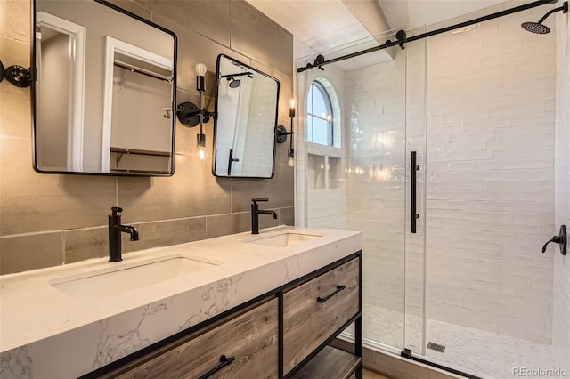 9385 Pepperwood Ln, Highlands Ranch, CO 80126 - bathroom with a stall shower and double vanity