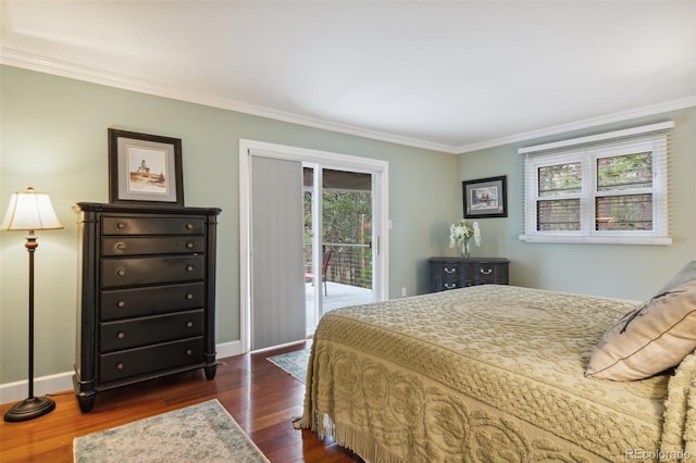 bedroom with ornamental molding, access to outside, dark wood-style floors, and baseboards