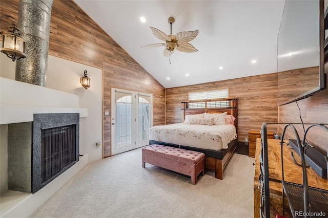 935 Newark St, Aurora, CO 80010 - carpeted bedroom featuring access to exterior, high vaulted ceiling, a fireplace, recessed lighting, and ceiling fan