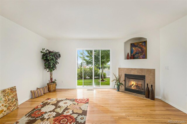 living room featuring light hardwood / wood-style floors and a fireplace