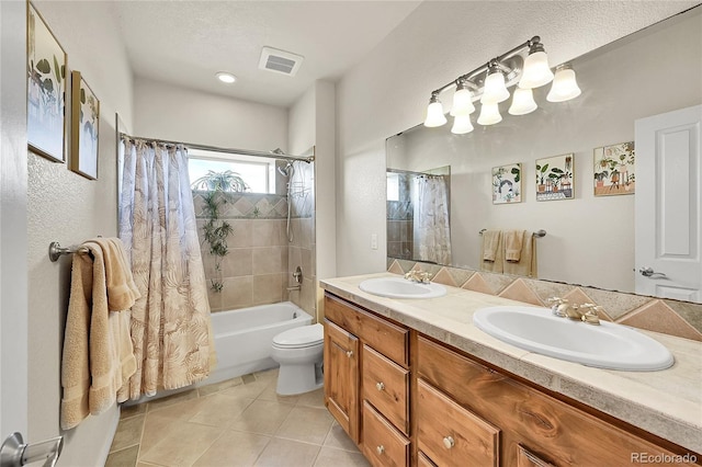 19045 Shiloh Ranch Dr, Colorado Springs, CO 80908 - bathroom featuring tile patterned flooring, shower / tub combo with curtain, double vanity, and toilet