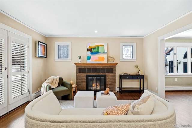 living area with dark wood-style flooring, baseboard heating, a fireplace, and crown molding