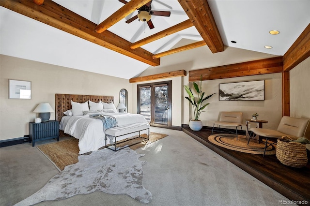 carpeted bedroom featuring high vaulted ceiling, a skylight, baseboards, access to outside, and beamed ceiling