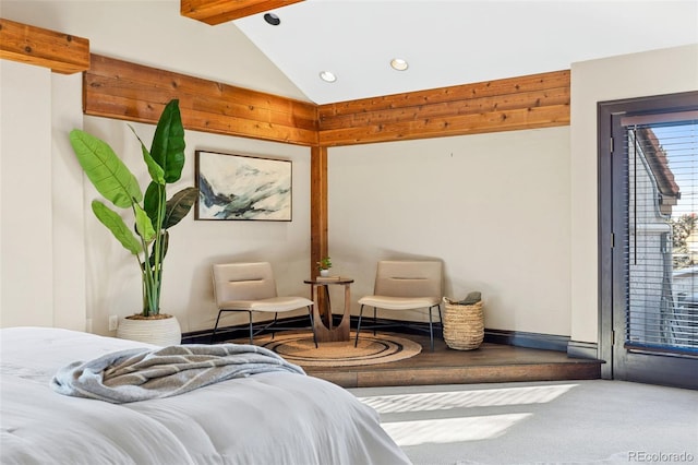 bedroom featuring baseboards, vaulted ceiling with beams, access to exterior, carpet flooring, and recessed lighting