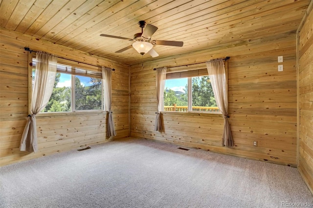 70 Elk Cir, Guffey, CO 80820 - unfurnished room with wooden walls, plenty of natural light, carpet flooring, wood ceiling, and ceiling fan