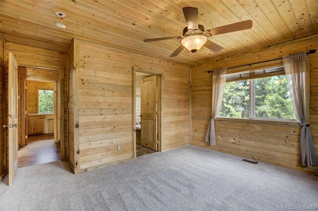 70 Elk Cir, Guffey, CO 80820 - unfurnished room featuring carpet flooring, wood walls, wooden ceiling, and a ceiling fan