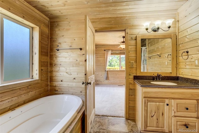 70 Elk Cir, Guffey, CO 80820 - bathroom with wood ceiling, vanity, a tub, and wood walls