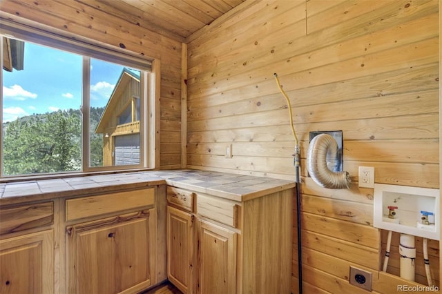 70 Elk Cir, Guffey, CO 80820 - kitchen with tile counters, a sauna, wood walls, and wood ceiling