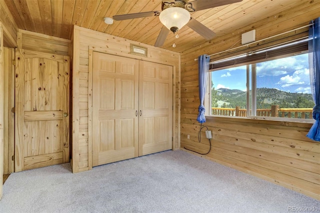 70 Elk Cir, Guffey, CO 80820 - unfurnished bedroom with wooden walls, carpet, wood ceiling, a mountain view, and a closet