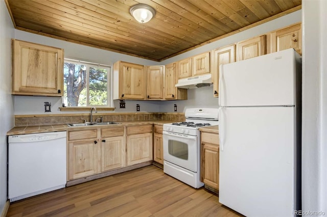 70 Elk Cir, Guffey, CO 80820 - kitchen with white appliances, light brown cabinets, under cabinet range hood, wood ceiling, and light wood-style floors