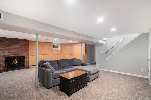 living room with a fireplace, light carpet, baseboards, stairway, and recessed lighting