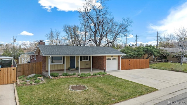 ranch-style house featuring fence, brick siding, a garage, a porch, and driveway