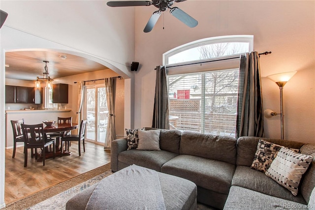 living room featuring a healthy amount of sunlight, ceiling fan with notable chandelier, and light wood-type flooring