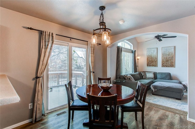 dining space featuring hardwood / wood-style flooring and ceiling fan