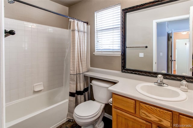 full bathroom featuring vanity, toilet, and shower / tub combo with curtain