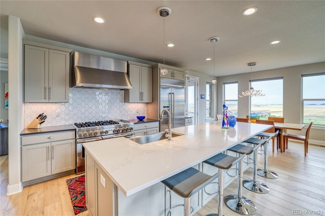 kitchen featuring a kitchen island with sink, wall chimney exhaust hood, pendant lighting, and premium appliances