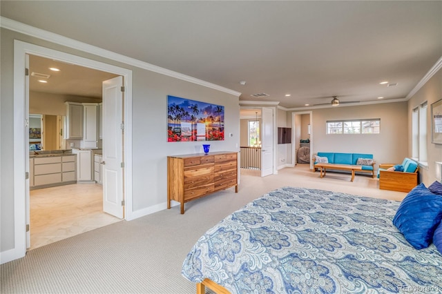 bedroom featuring light colored carpet and ornamental molding