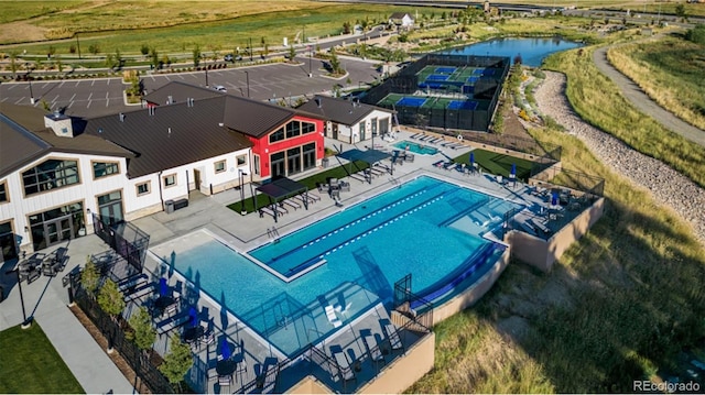 aerial view featuring a water view