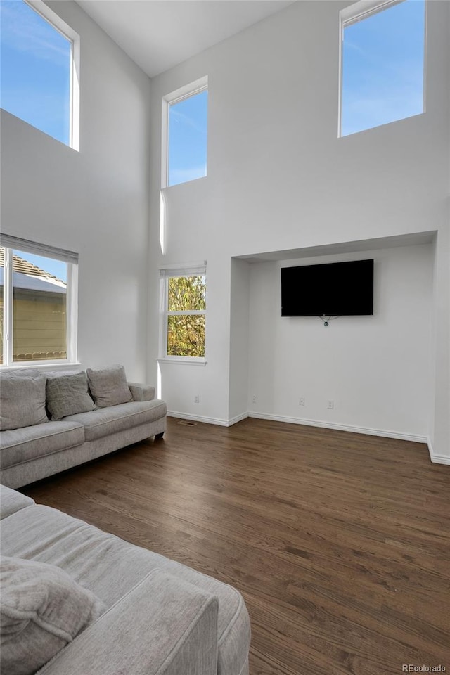 living room with dark hardwood / wood-style flooring and a high ceiling