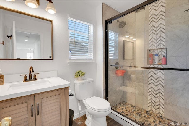 bathroom with vanity, toilet, and a shower with door