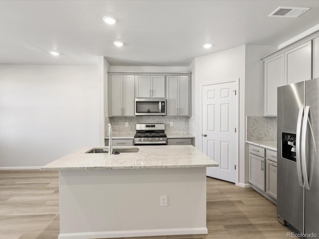 22360 E 8th Ave, Aurora, CO 80018 - kitchen with a sink, stainless steel appliances, gray cabinetry, and visible vents