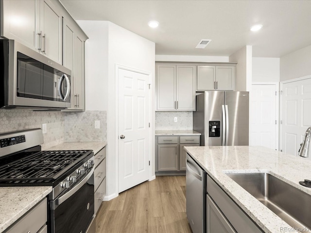 22360 E 8th Ave, Aurora, CO 80018 - kitchen with a sink, gray cabinetry, stainless steel appliances, visible vents, and light wood-style floors