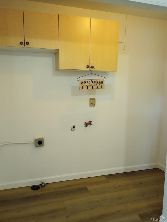 5640 E 67th Pl, Commerce City, CO 80022 - laundry room featuring baseboards, hookup for a washing machine, dark wood-style floors, cabinet space, and hookup for an electric dryer