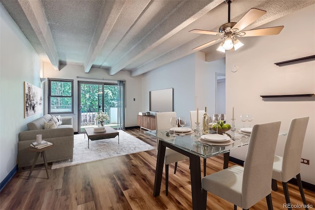 1265 Elizabeth St Unit 207, Denver, CO 80206 - dining space with a textured ceiling, beam ceiling, wood finished floors, and ceiling fan