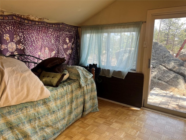 bedroom with vaulted ceiling and access to exterior