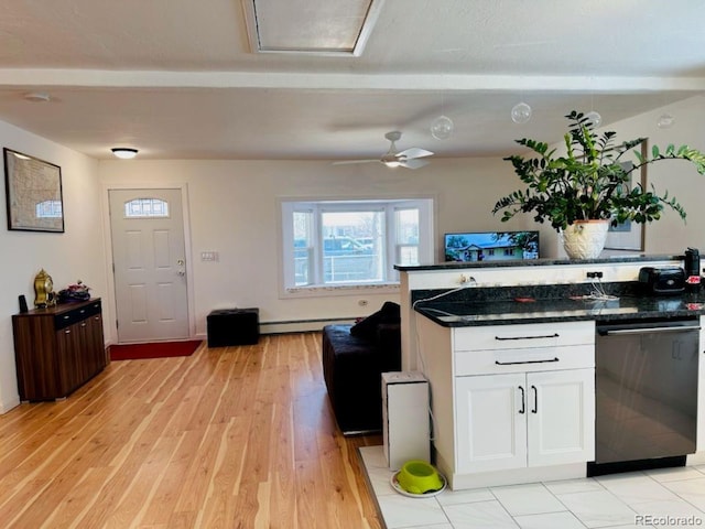 kitchen with light wood-style flooring, a baseboard heating unit, white cabinetry, ceiling fan, and dishwasher