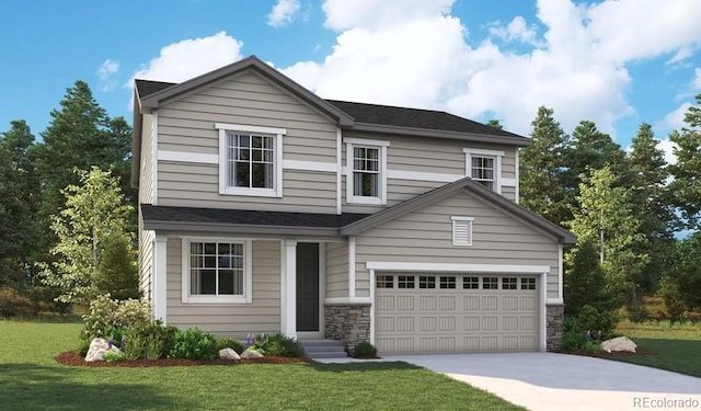 view of front of house featuring a front lawn, entry steps, concrete driveway, stone siding, and an attached garage