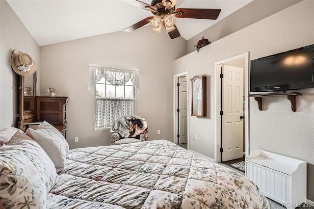 bedroom featuring ceiling fan and lofted ceiling