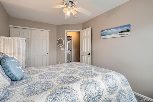 bedroom featuring baseboards, a closet, and ceiling fan