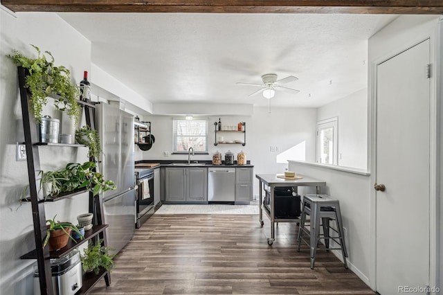 kitchen with sink, gray cabinetry, a textured ceiling, appliances with stainless steel finishes, and dark hardwood / wood-style floors